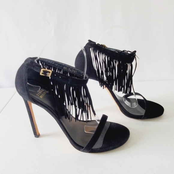 Stuart Weitzman Suede Love Fringe Sandal Size 9 Ankle Strap Black Stiletto Heel - Picture 2 of 16